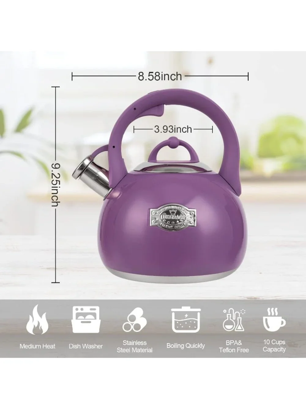 Purple Kitchen Whistling Tea Kettle 3.1 Quart Stainless Steel Stovetop Tea Pot
